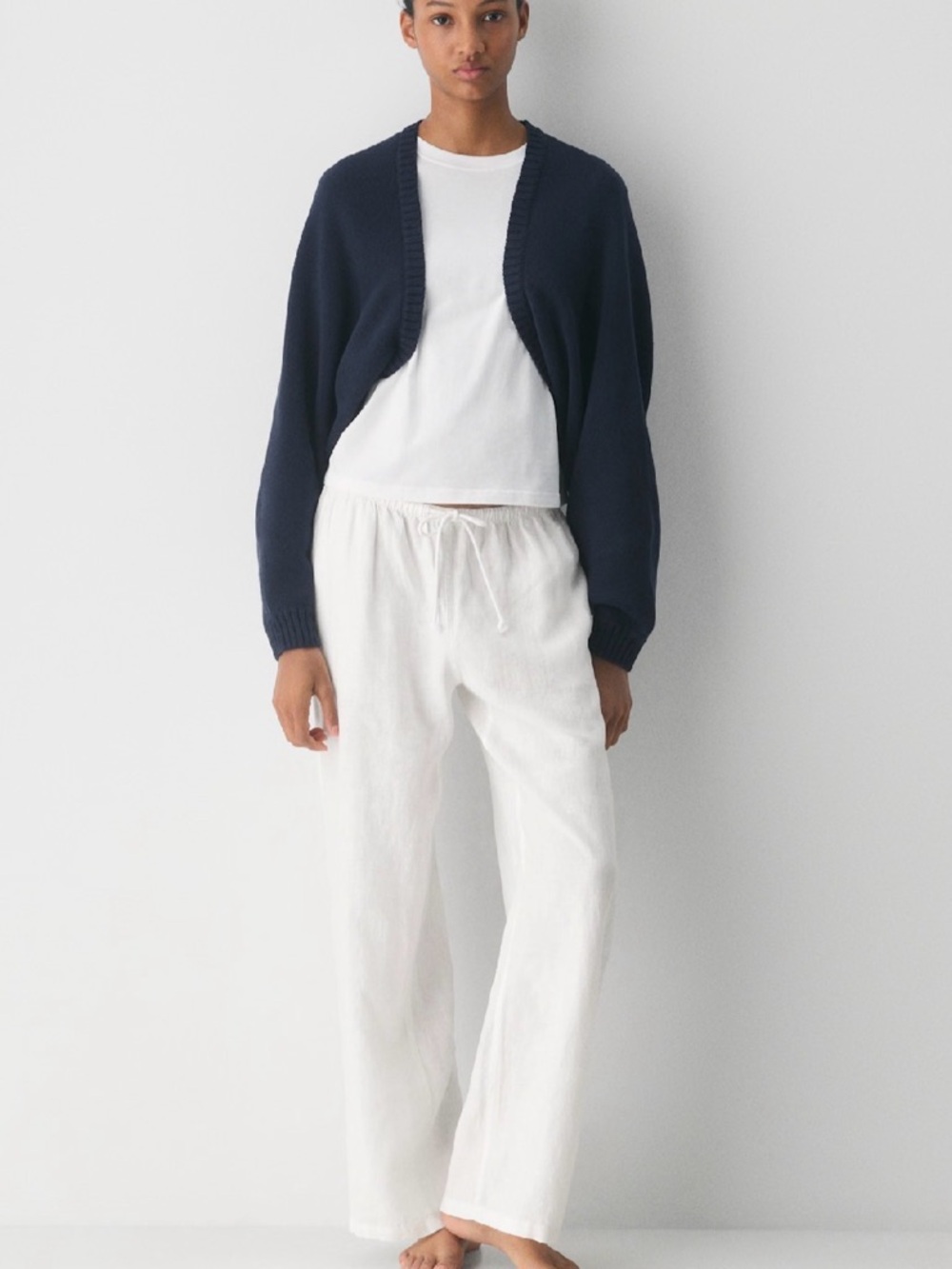 TNA Navy Cropped Open-Front Cardigan
